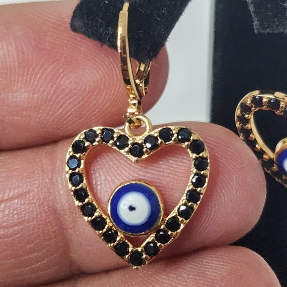 Gold Filled Black Zirconia Heart Evil Eye Huggie Earrings - Picture 3 of 6